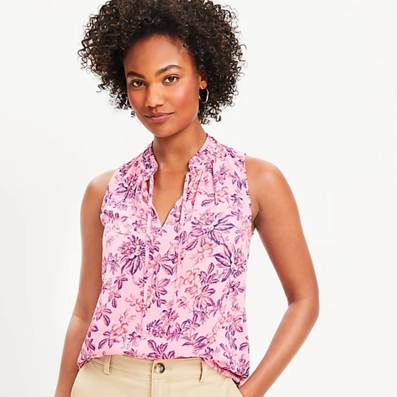 Loft Vine Shirred Tie Neck Mixed Media Shell in Floral, Shades of Pink, Size XL - Picture 3 of 17